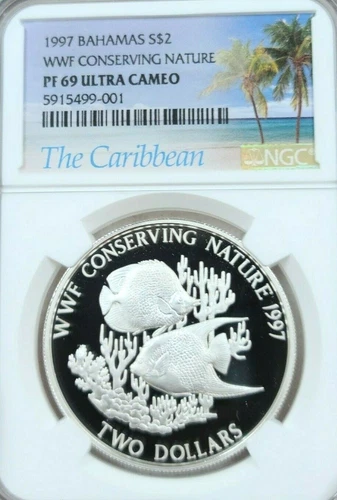 1997 BAHAMAS SILVER 2 DOLLARS CONSERVING NATURE NGC PF 69 ULTRA CAMEO TOP POP 1