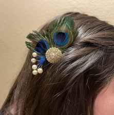 Hair Comb Fascinator Peacock Feathers Gold Rhinestone Bridal Wedding Bridesmaid