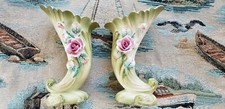 Lefton Porcelain Green Cornucopia Vases Pearlized Applied Flowers Set of 2 Nice!
