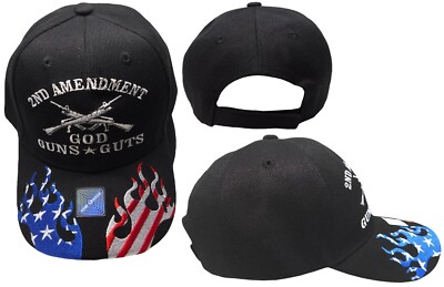 2nd Amendment God Guns Guts USA Flames On Bill Black Embroidered Cap Hat