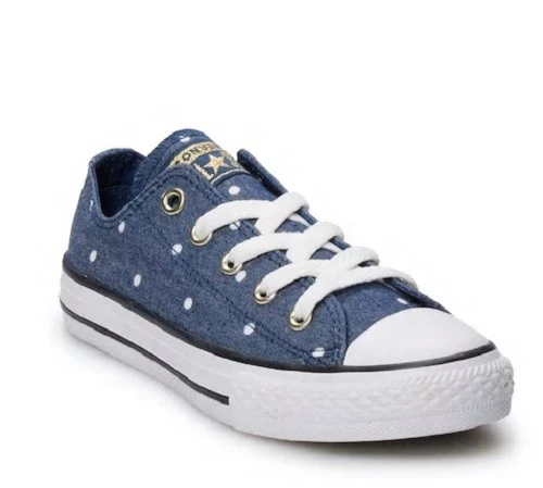 Scarpe a pois Converse Chuck Taylor All Star Ox da ragazza oro bianco blu navy taglia 12