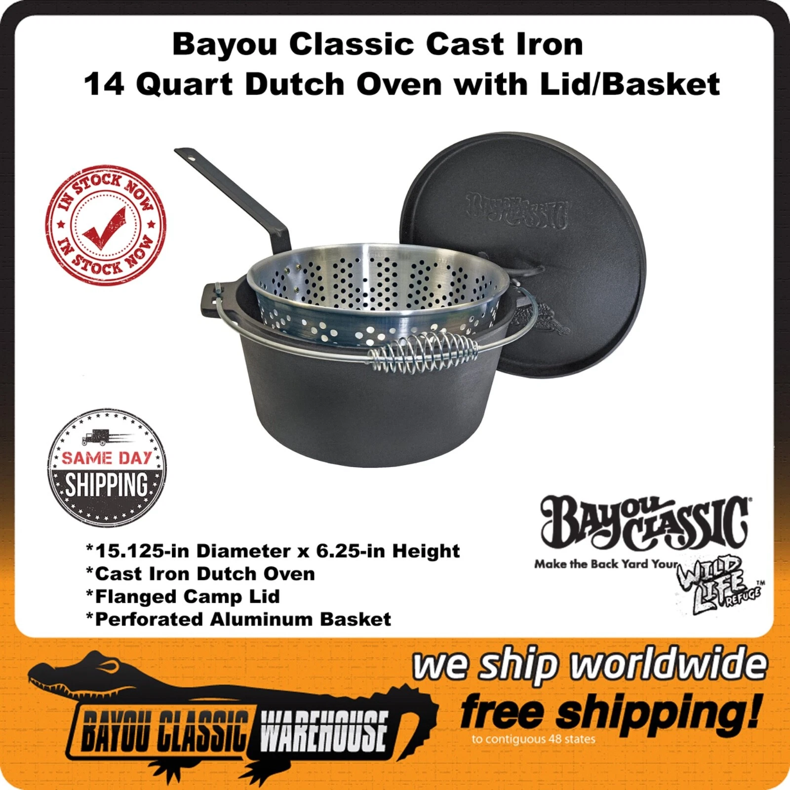 Bayou Classic Cast Iron Huge 14 Quart Dutch Oven 7465 Weight 33 lbs Lid/Basket