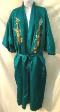 Great VTG Chinese deep teal long silk embroidered rooster dragon lined robe L