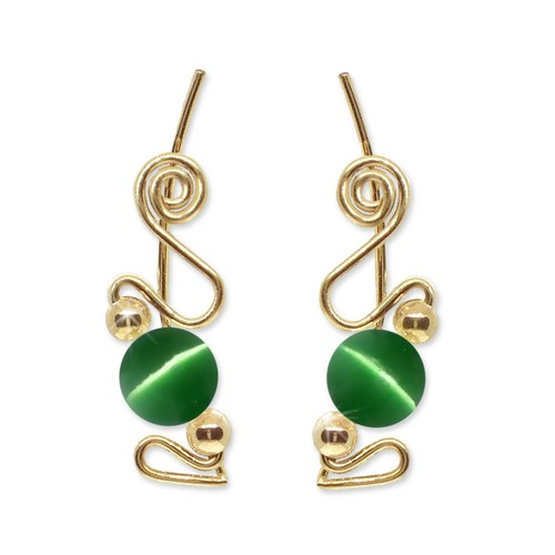 Ear Climbers Ear Crawlers Sweeps Earring Gold with Green Fiber Optic Beads #245