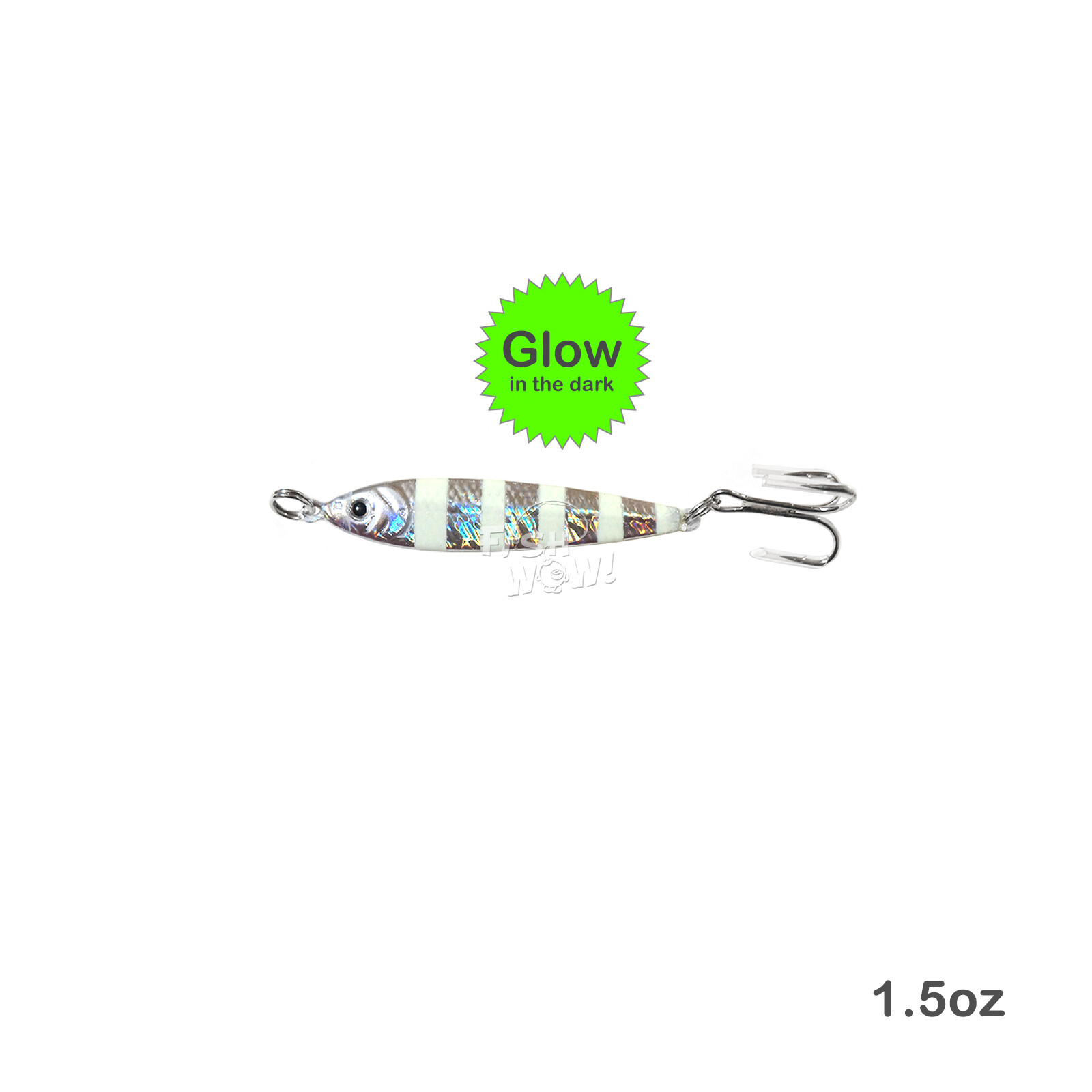50pcs Fish WOW! 1.5oz Mega Metal Bait Jig luna Lure 3x Treble Hook Glow Silver - Image 7