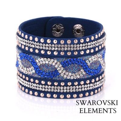 Manschette Armband lSwarovski  Elements silber blau weiches Leder Druck 