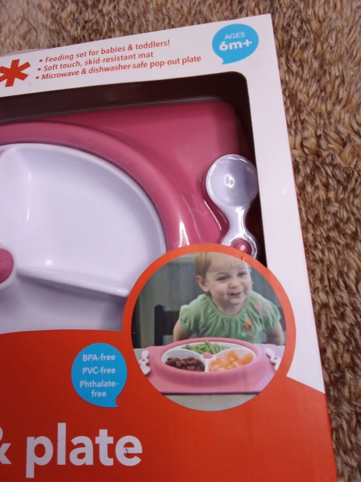 Skip Hop Stay-Put Mat & Plate Edades 6m+ con Cuchara y Tenedor, Rosa/Blanco - NUEVO Foto 3 de 4