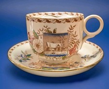 Antique Large Keeling & Co. Seasons Pattern Moustache Coco Cup 8in Saucer