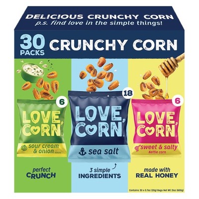 Love Corn Crunchy Corn Variety Snack Bags, 30-Pack (0.7 oz each), 21 oz Total