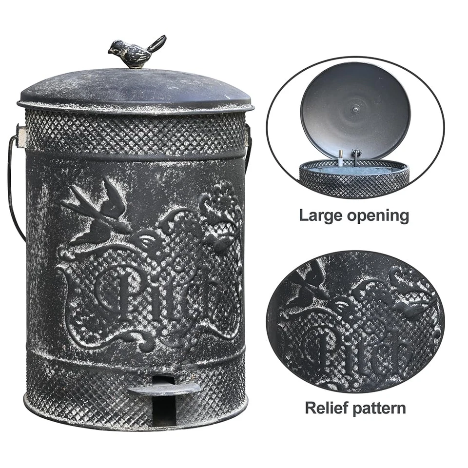 Farmhouse Garbage Can with Lid Indoor Outdoor Trash Can with Embossed Bird and F - Image 3 of 4