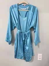 Set Victoria  s Secret Blue Satin Kimono Robe  VTG Slip Dress Nightie Size S