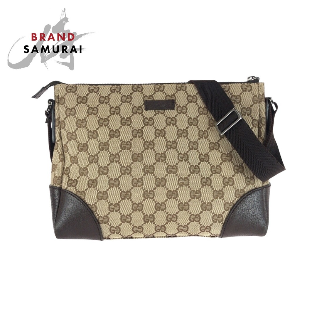 Gucci GG Canvas Leather Shoulder Bag Beige Brown Silver Hardware Used