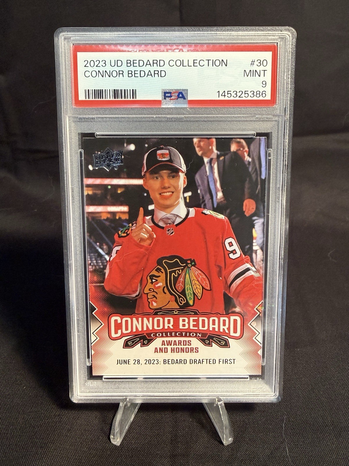 2023–24 Upper Deck #30 Connor Bedard Collection, Awards & Honors PSA 9 Blackhawk