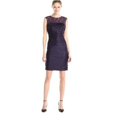 London Times Dark Purple Satin Cocktail Sheath Dress Sequin Shutter Women Sz 6