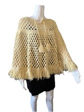 Vtg Handmade Crochet Sweater Poncho Medium Yellow Pullover Cape W/tie 1970s