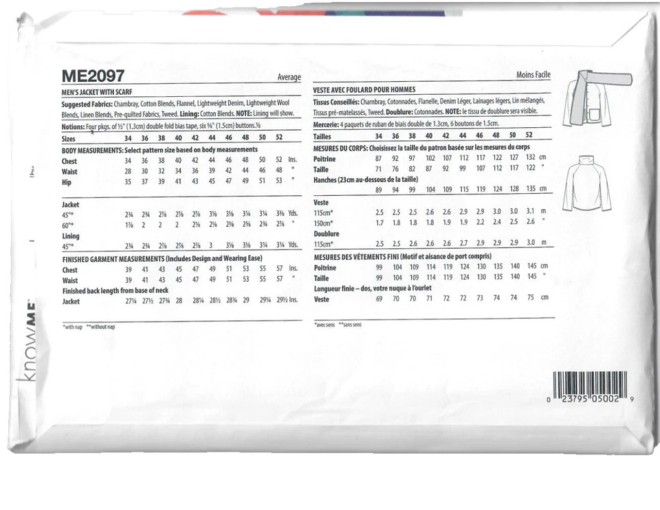 McCall's know ME Sewing Pattern ME2097 Men's Jacket w/Scarf by: Mimi G. 44-52 - Image 2 of 4