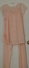Vtg NEW Shadowline Nylon Peach Pajama Set Sz 38 w/Lace SS/LP NWT - Spring Summer