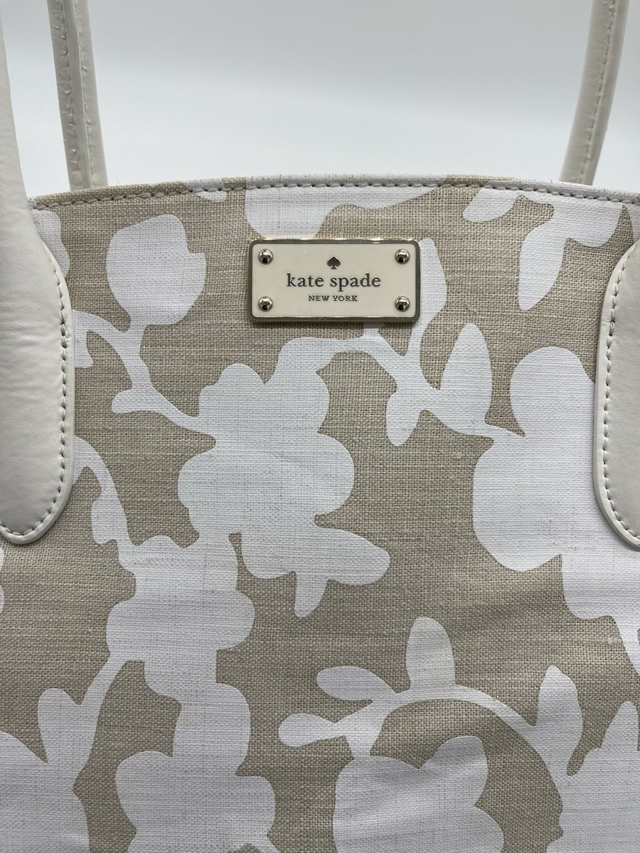 KATE SPADE Caroline Lane Forster Linen Tote White Leather Large Purse Floral View 6