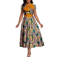 African Print Women Dresses Ankara V-Neck Short Sleeve Mid-Calf Patchwork Dress