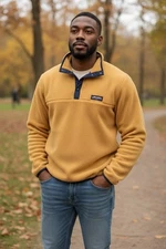 Vintage Woolrich Pullover Men's Large Yellow Black Fleece 1/4 Snap Polartec USA