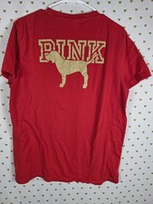 Victorias Secret PINK GOLD GLITTER Dog Logo Tee Shirt RED Pocket LARGE