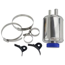 Silver Racing Power Steering Fluid Reservoir Tank w/ Clamps Universal Aluminum