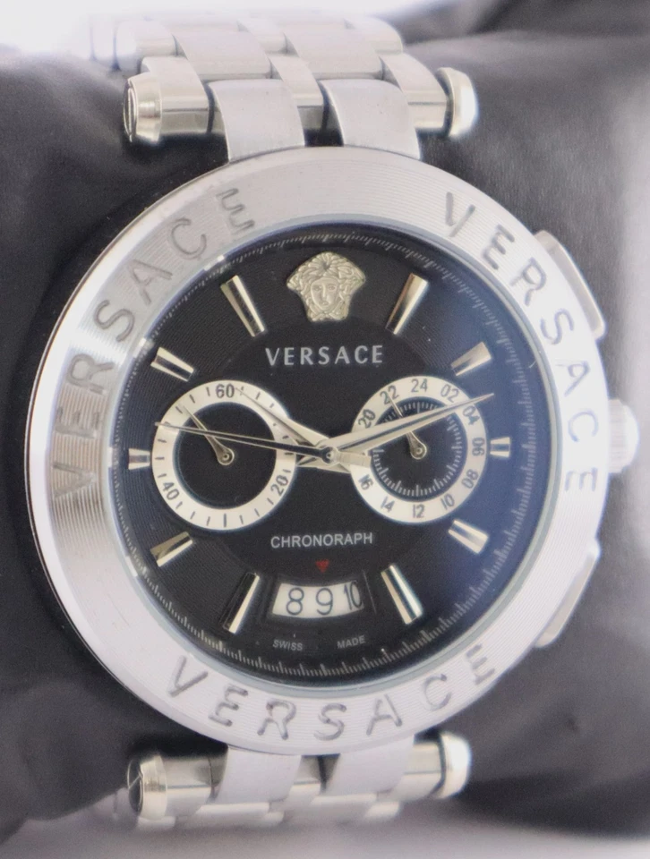 Reloj Pulsera Versace de Lujo para Hombres Cuarzo Cronógrafo Esfera Negra "Fecha" Banda de Acero Foto 3 de 4