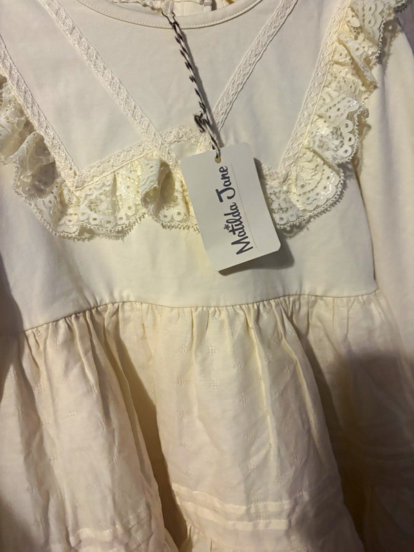 Matilda Jane Girls sz 10 Ivory Solid Tunic Top Long Sleeve Lace Ruffle Button