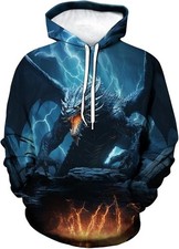 3D Lightning Dragon Hoodie Blue Fire Print Pullover Sweatshirt Unisex