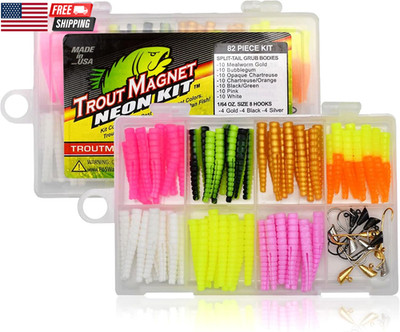82-Piece Neon Fishing Gear Kit, Includes 70 Grub Bodies Trout Bait and 12 Size 8