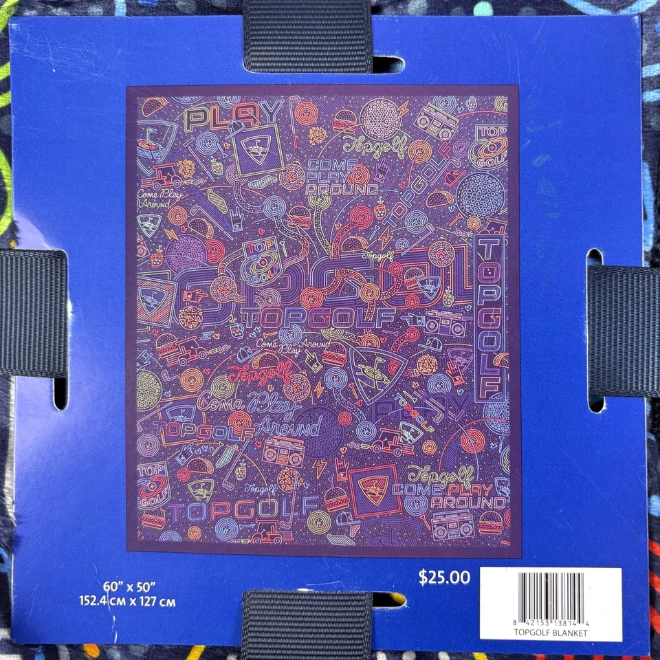 NWT Top Golf Plush Sherpa Style Fleece Blanket 60x50" Navy Blue Retro Neon Sign - Image 2 of 4