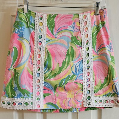 Lilly Pulitzer So A Peeling Pansy Mini Skort Skirt Sz 0 Cotton Pink Green Lace