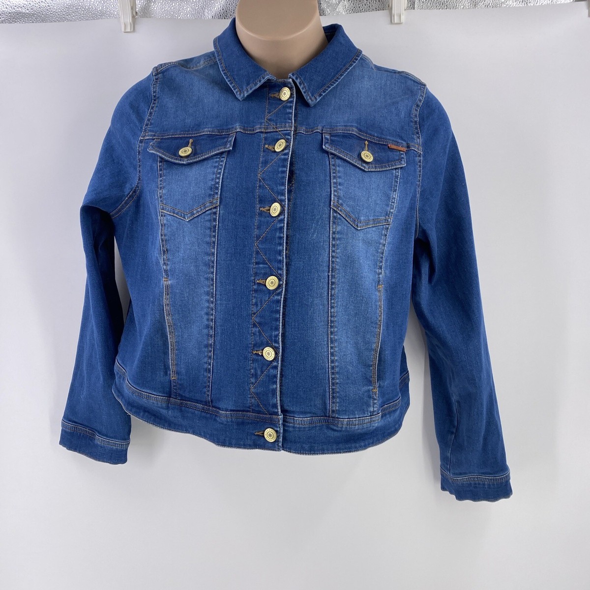 Isaac Mizrahi Live Denim Jacket Womens 16 Blue Stretchy Button