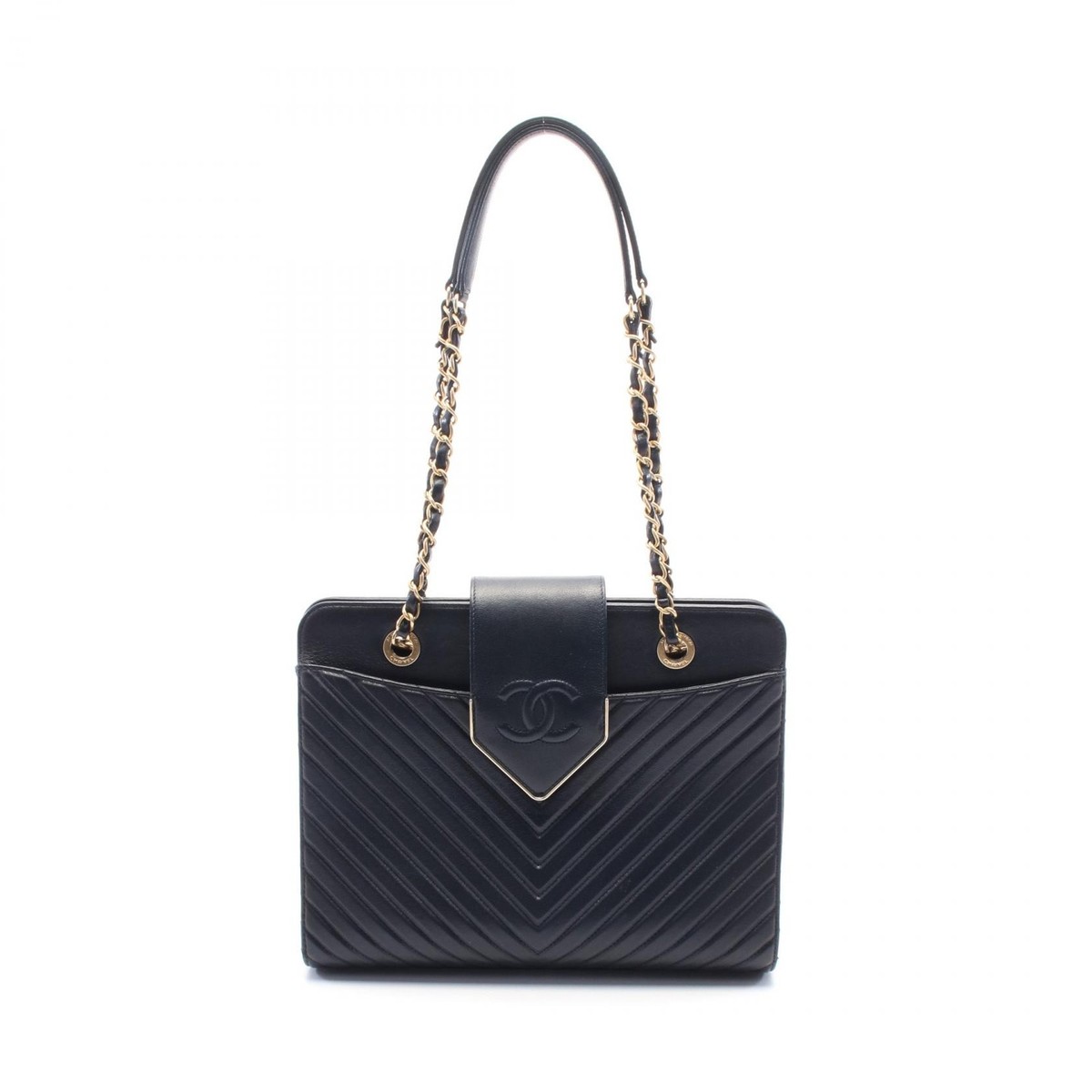 CHANEL Chevron V Stitch Chain Tote Shoulder Bag A93418 leather
