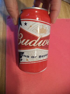 BUDWEISER 12 OZ ALUMINUM BEER CAN FLAG DESIGN BAR CODE RED STATAB