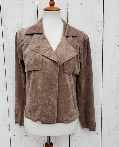 Blank NYC Womens Faux Suede Cropped Open Trench Jacket Brown Sz L NEW