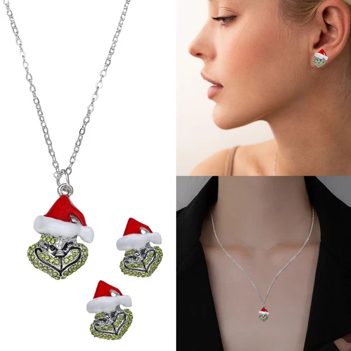 Grinch Christmas Hat Rhinestone Metal Necklace Green Christmas Stud EarringWomen - Picture 1 of 12
