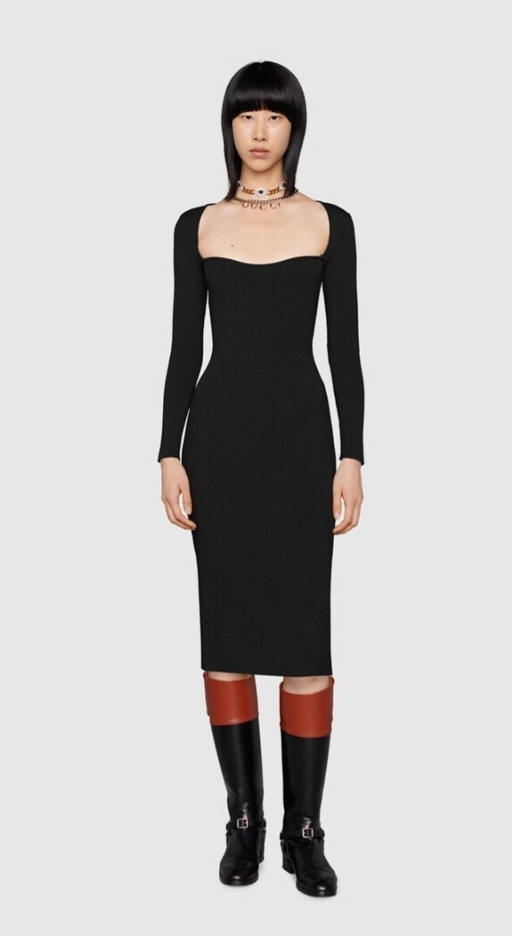 GUCCI Black Dress Square Neck Stretch Bodycon Size L Large GUCCI Black Dress Square Neck Stretch Bodycon Size L Large