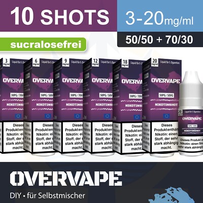 10x Overvape Nikotinshots 10ml (100ml) Base E-Zigarette VG/PG 50/50 70/30 3 20mg