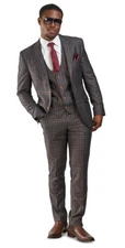 Slim Fit 2 Button 3 Piece Vested Mens Suit Bronze Brown Windowpane 35071 AZARMAN