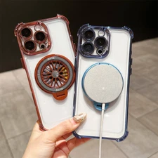 For iPhone 16 15 Plus 14 13 Pro Clear Anti-Shock Airbag Rotating Stand Slim Case