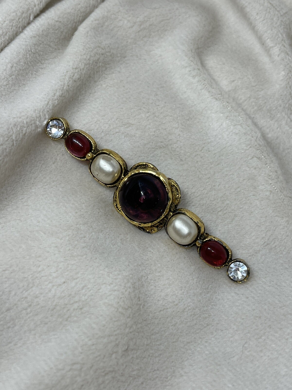 Rare 1985 Chanel  Brooch  Royal Red  Purple Gripoix Glass Couture Pearl Paris