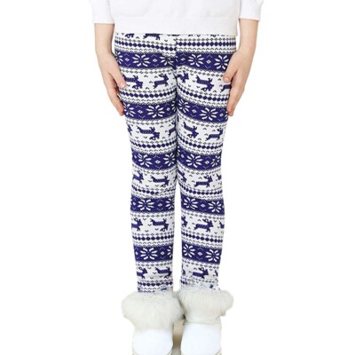 Mädchen Verdickte Thermoleggings Fleece Gefütterte Hose weiß_blau_Hirsch