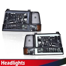 Fit For 1992-1996 Ford F150 F250 F350 Dual Led Drl Bumper Headlights 6pcs Chrome