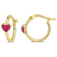 Amour 14k Yellow Gold 15mm Dark Pink Enamel Heart Hoop Earrings