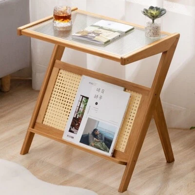 Bamboo Glass Side Table Magazine Rack Shelf Coffee/Lamp/End Storage Stand Table