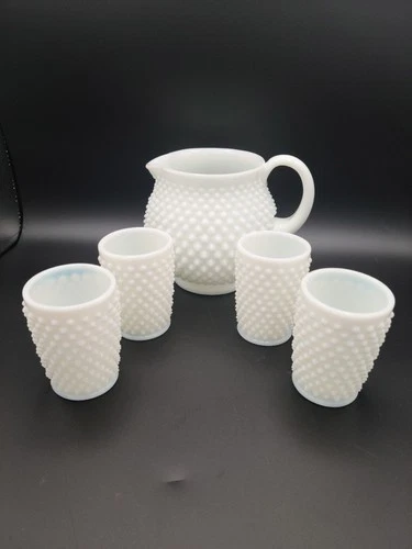 Vintage Hobnail Milkglass Squat Pitcher With Tumblers