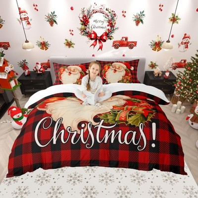 Santa Claus Duvet Cover Black and Red Square Bedding Set Merry Christmas Comf...