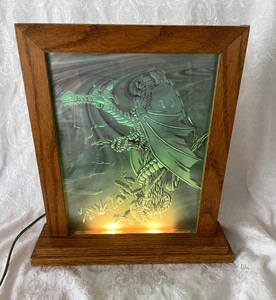 Vtg DRAGON Etched Layered Glass Wood Framed Lighted Picture Lamp Accent Light