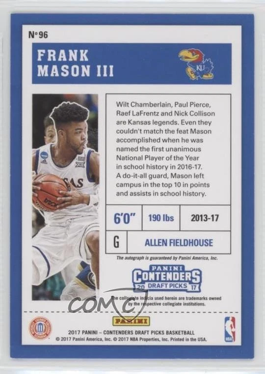 2017-18 Panini Contenders Draft Picks College Frank Mason III #96 Rookie Auto RC - Image 2 of 2